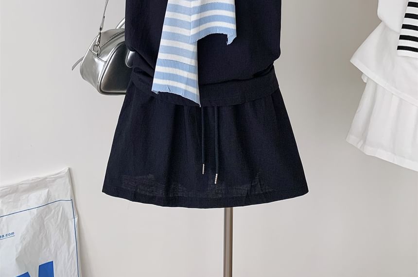 Crew Neck Tee with Striped Scarf and Pleated Mini Skirt Set