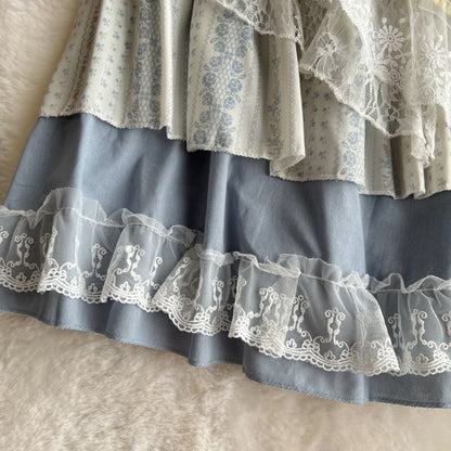 Elevated Waist Color-Blocked Lace-Trimmed Flared Maxi Skirt