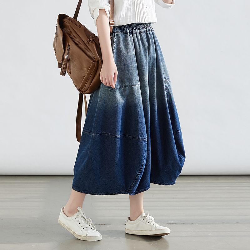 Elastic Waist Ombre Faded Midi Flared Skirt