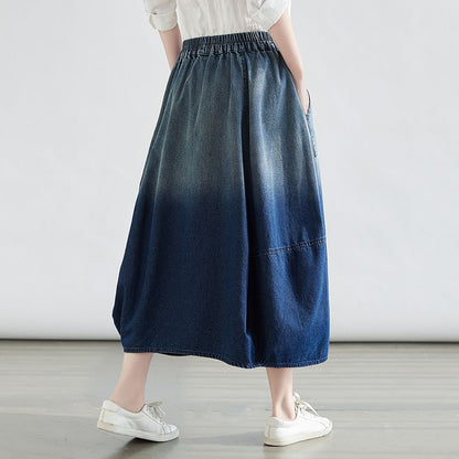 Elastic Waist Ombre Faded Midi Flared Skirt
