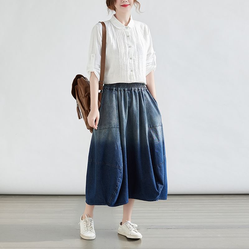 Elastic Waist Ombre Faded Midi Flared Skirt