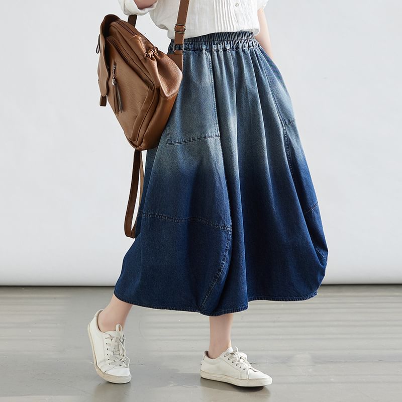Elastic Waist Ombre Faded Midi Flared Skirt