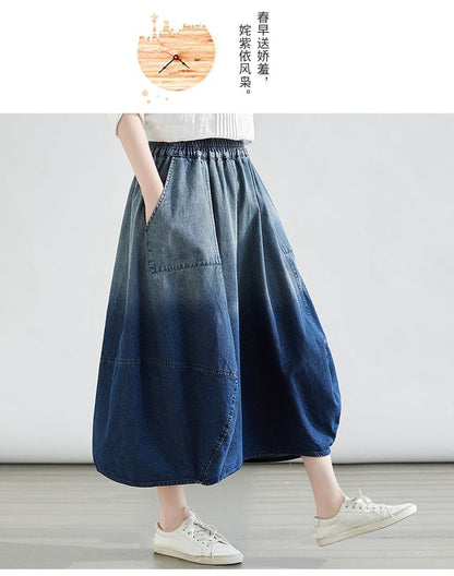 Elastic Waist Ombre Faded Midi Flared Skirt