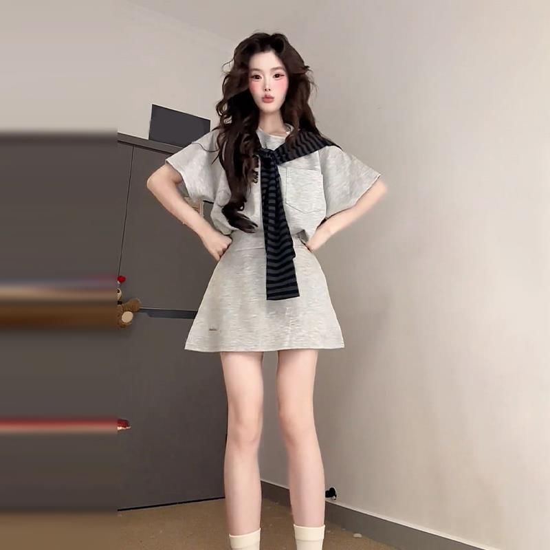 Duo: Elbow-Sleeve Round Neck Tee with High-Rise Slit Mini Flared Skirt and Striped Wrap