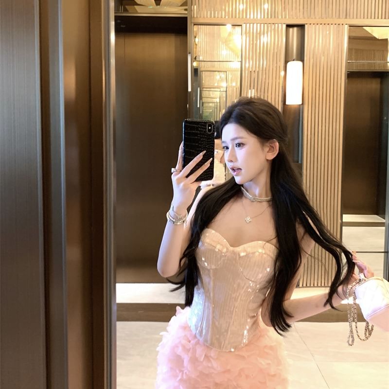 Strapless Sequin Corset Top with Matching Mini Skirt