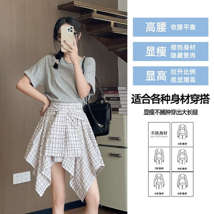 Asymmetrical Plaid High Rise A-Line Skirt