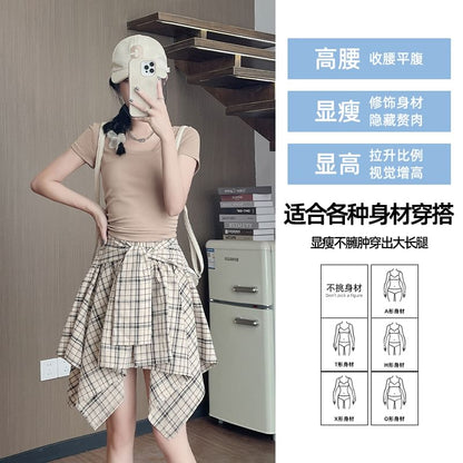 Asymmetrical Plaid High Rise A-Line Skirt