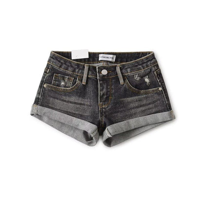 Low Rise Washed Distressed Denim Hot Pants