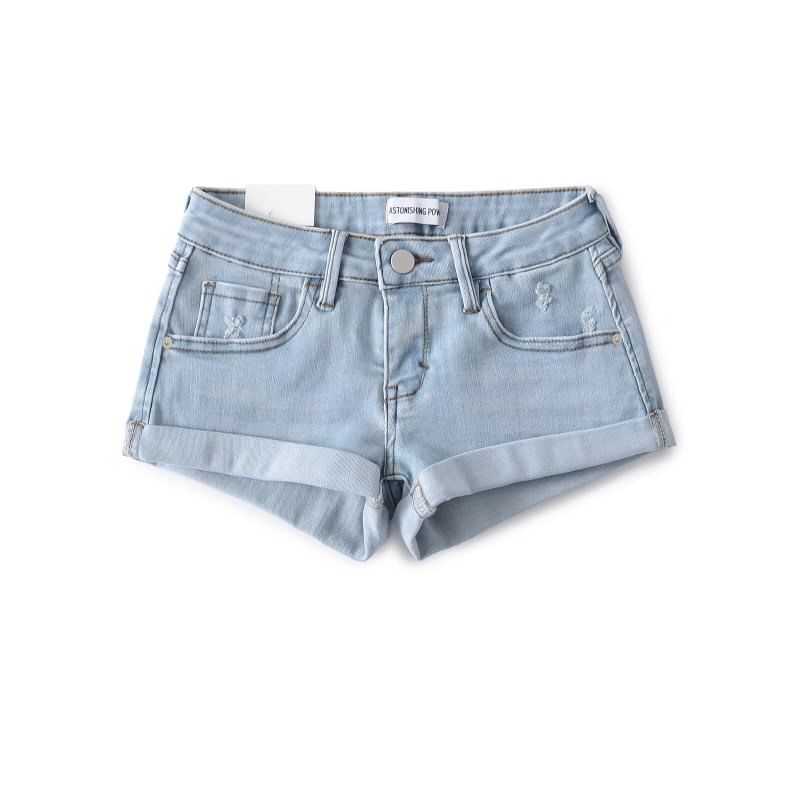 Low Rise Washed Distressed Denim Hot Pants