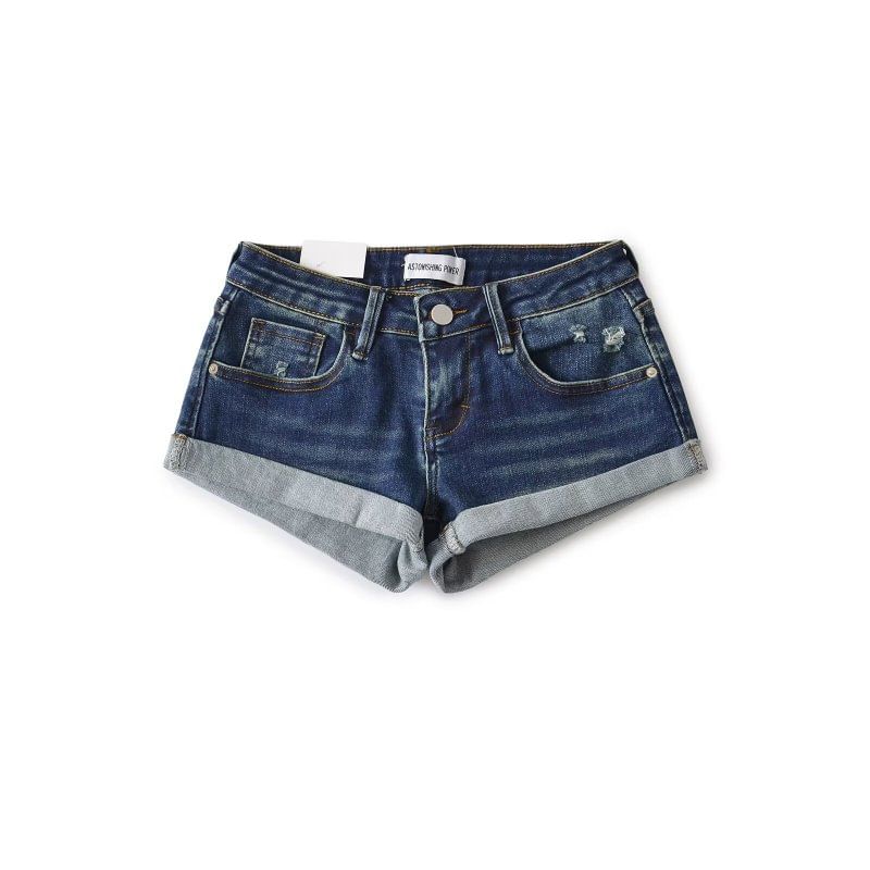 Low Rise Washed Distressed Denim Hot Pants