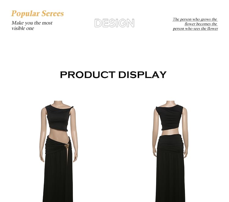 Duo: One-Shoulder Sleeveless Crop Top with Low-Rise Ruched Slit Flared Maxi Skirt