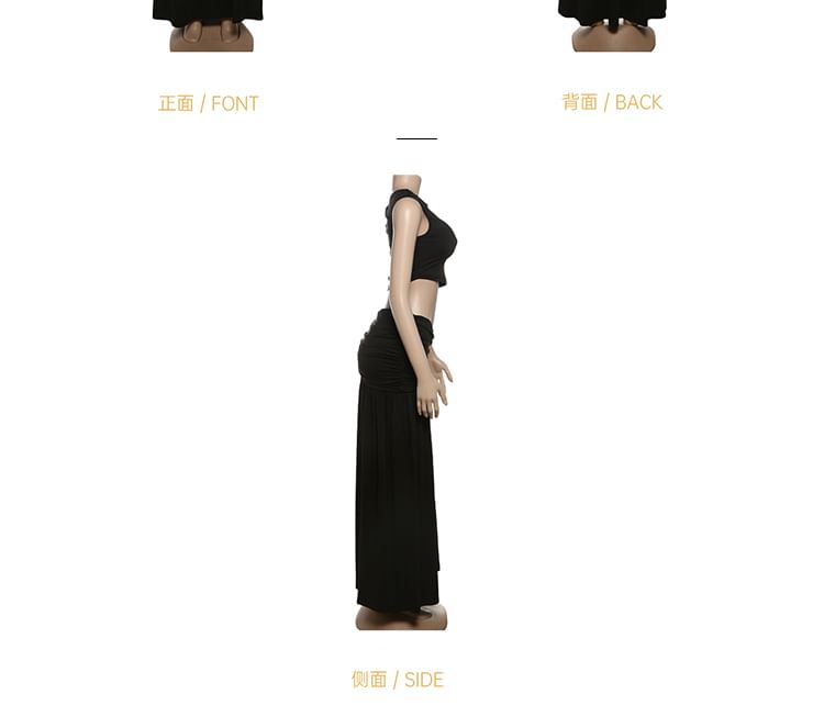 Duo: One-Shoulder Sleeveless Crop Top with Low-Rise Ruched Slit Flared Maxi Skirt