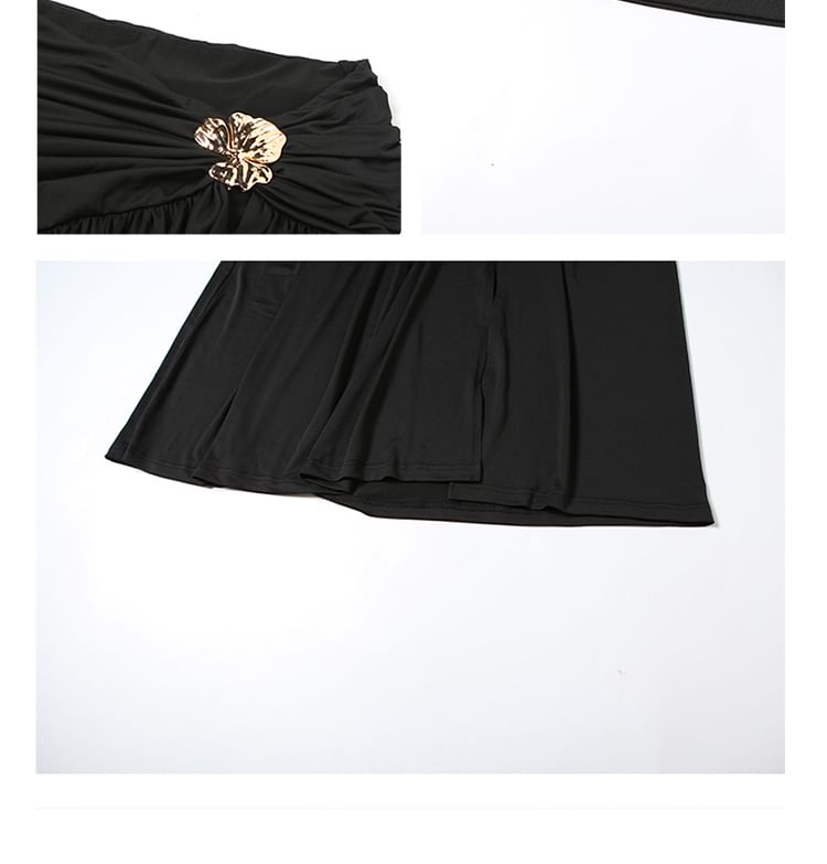 Duo: One-Shoulder Sleeveless Crop Top with Low-Rise Ruched Slit Flared Maxi Skirt