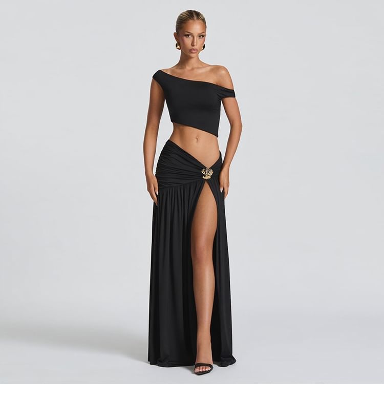 Duo: One-Shoulder Sleeveless Crop Top with Low-Rise Ruched Slit Flared Maxi Skirt