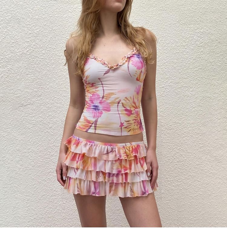Duo: V-Neck Frilled Camisole with Low-Rise Tiered Mini A-Line Skirt