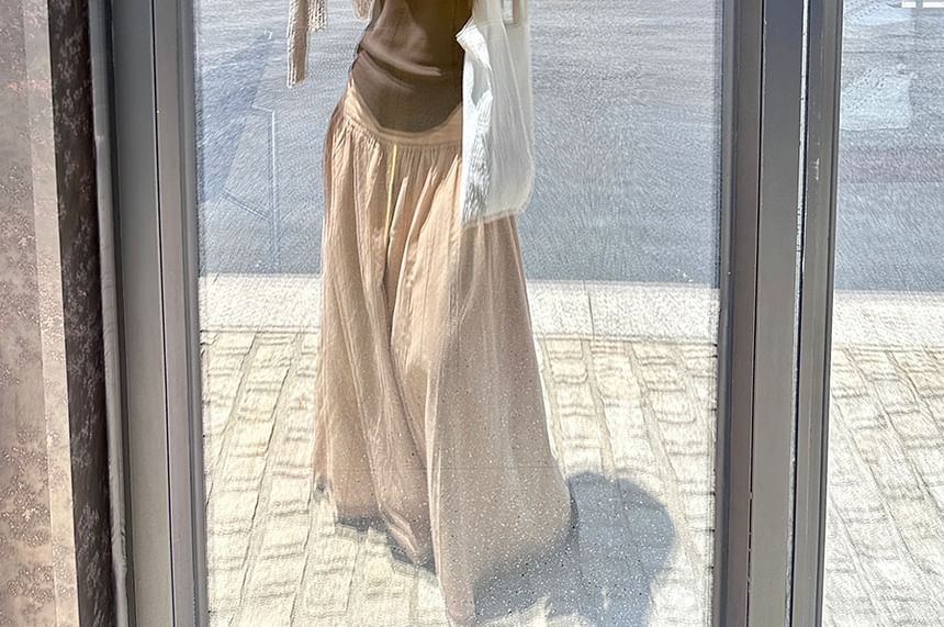 Solid Tank Top with Low Rise Shirred Midi A-Line Skirt