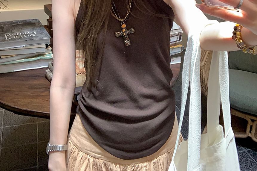 Solid Tank Top with Low Rise Shirred Midi A-Line Skirt