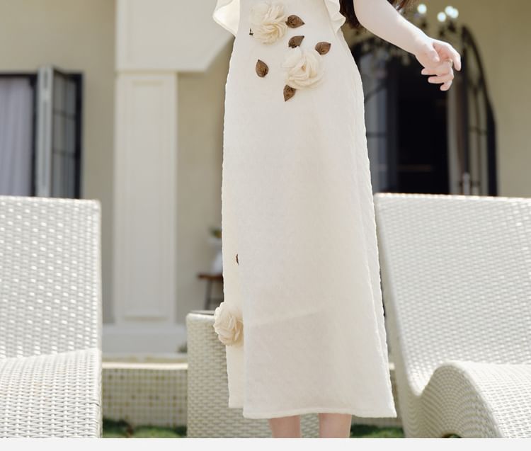 Spaghetti Strap Flower Detail Maxi A-Line Dress / Plain Cardigan / Set