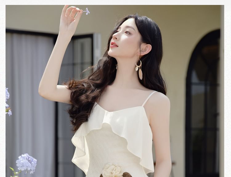 Spaghetti Strap Flower Detail Maxi A-Line Dress / Plain Cardigan / Set