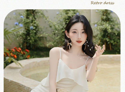 Spaghetti Strap Flower Detail Maxi A-Line Dress / Plain Cardigan / Set