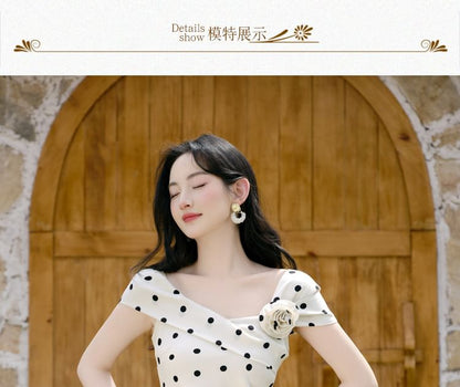 Short-Sleeve Square Neck Dotted Midi Bodycon Dress