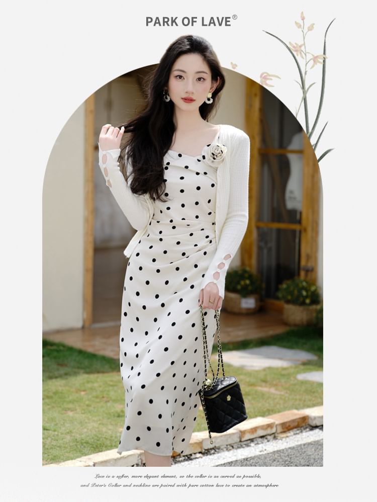 Short-Sleeve Square Neck Dotted Midi Bodycon Dress