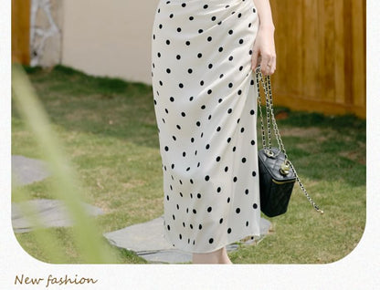 Short-Sleeve Square Neck Dotted Midi Bodycon Dress