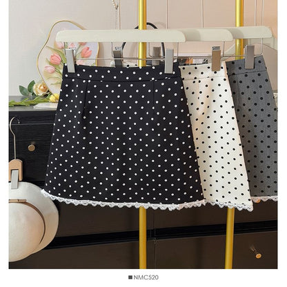 High-Rise Polka Dot Lace-Trimmed Mini Flared Skirt
