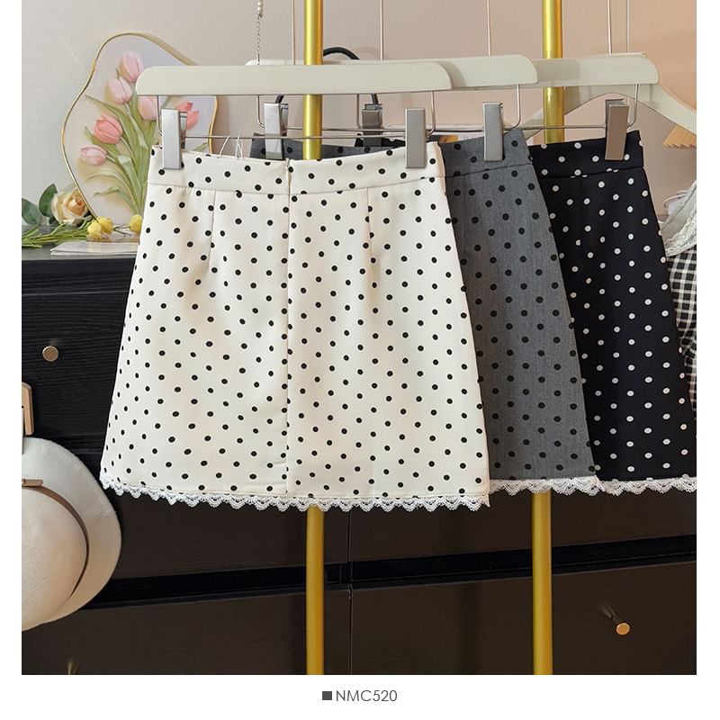 High-Rise Polka Dot Lace-Trimmed Mini Flared Skirt