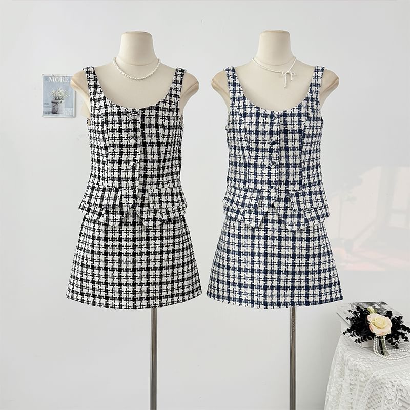 Plaid Button-Up Tweed Crop Top and High Waist Mini Skirt Set