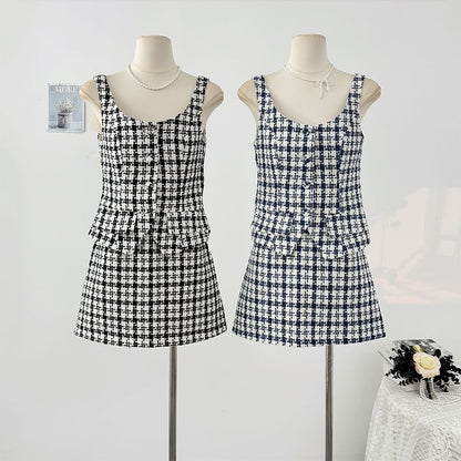 Plaid Button-Up Tweed Crop Top and High Waist Mini Skirt Set