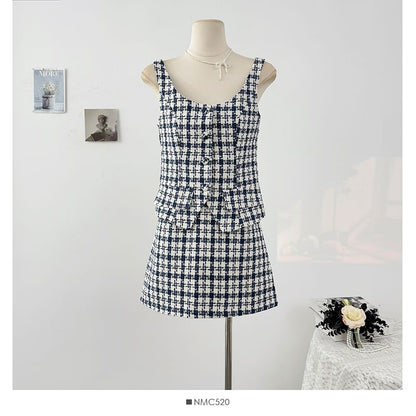 Plaid Button-Up Tweed Crop Top and High Waist Mini Skirt Set
