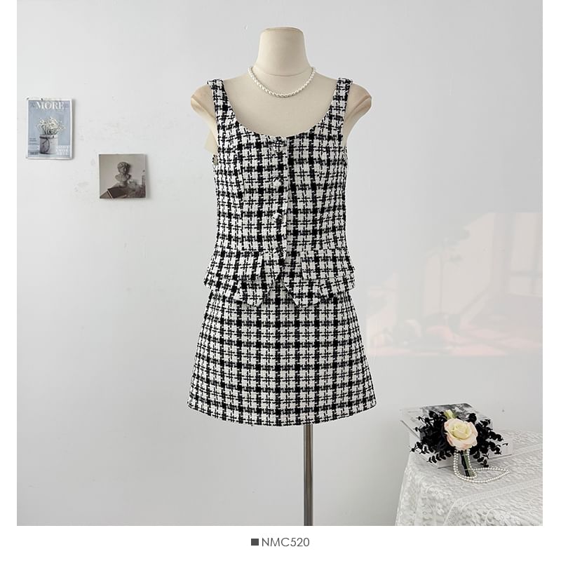 Plaid Button-Up Tweed Crop Top and High Waist Mini Skirt Set