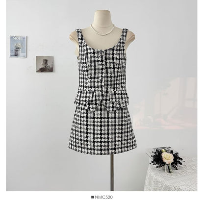 Plaid Button-Up Tweed Crop Top and High Waist Mini Skirt Set