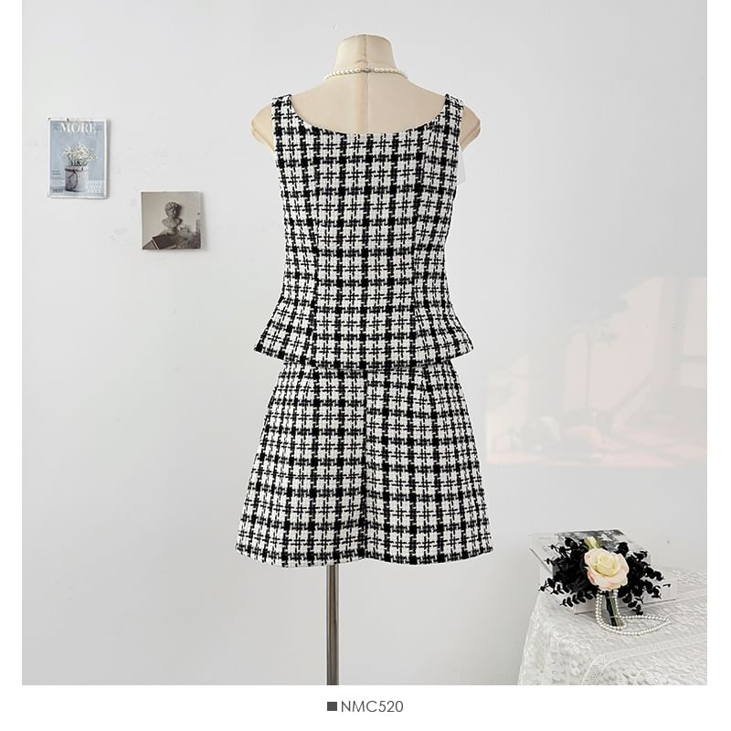 Plaid Button-Up Tweed Crop Top and High Waist Mini Skirt Set