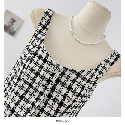 Plaid Button-Up Tweed Crop Top and High Waist Mini Skirt Set