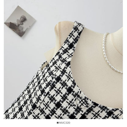Plaid Button-Up Tweed Crop Top and High Waist Mini Skirt Set