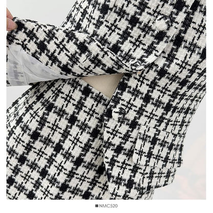 Plaid Button-Up Tweed Crop Top and High Waist Mini Skirt Set
