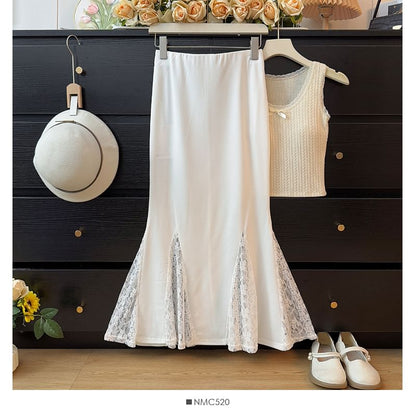 High-Rise Smooth Lace-Paneled Mermaid Midi Skirt