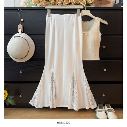 High-Rise Smooth Lace-Paneled Mermaid Midi Skirt