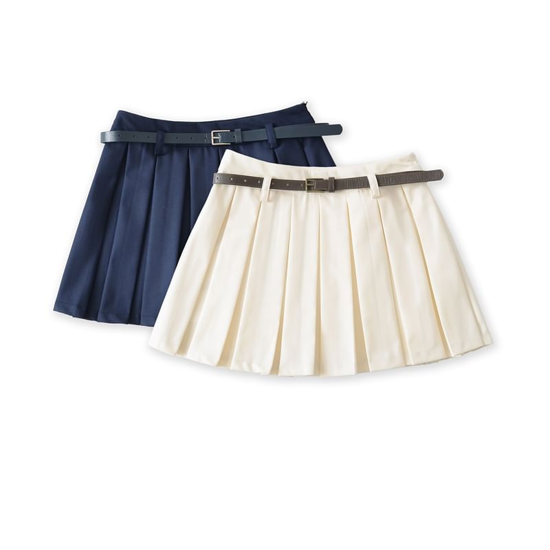 Pleated High Waist Solid Mini A-Line Skirt