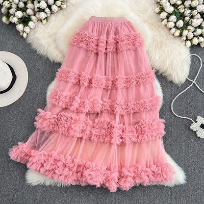 Elastic Waist Smooth Layered Mesh Midi Flared Skirt