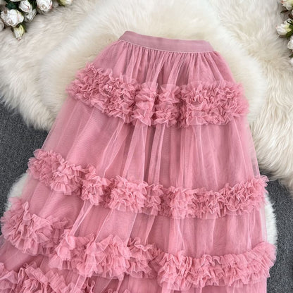 Elastic Waist Smooth Layered Mesh Midi Flared Skirt