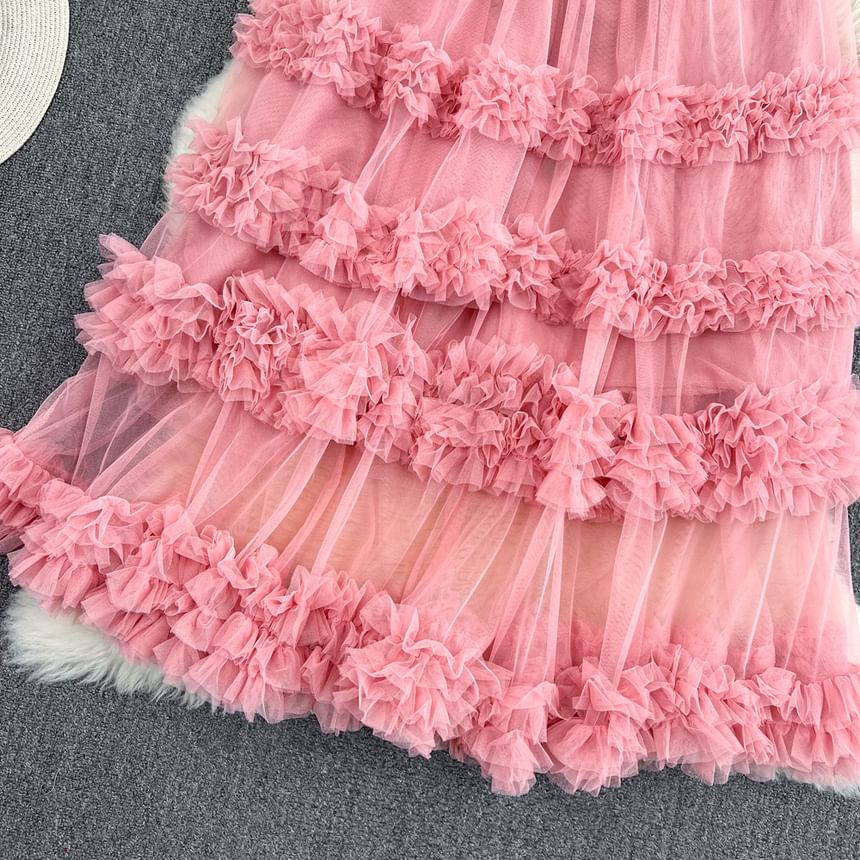 Elastic Waist Smooth Layered Mesh Midi Flared Skirt