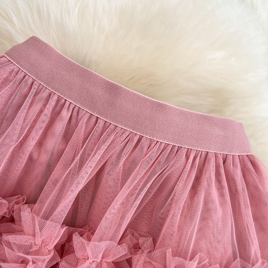 Elastic Waist Smooth Layered Mesh Midi Flared Skirt