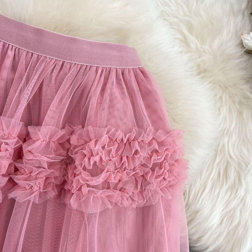 Elastic Waist Smooth Layered Mesh Midi Flared Skirt
