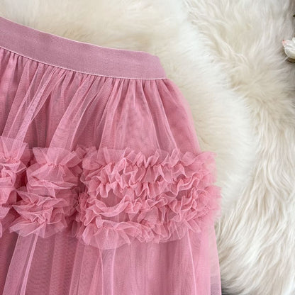 Elastic Waist Smooth Layered Mesh Midi Flared Skirt