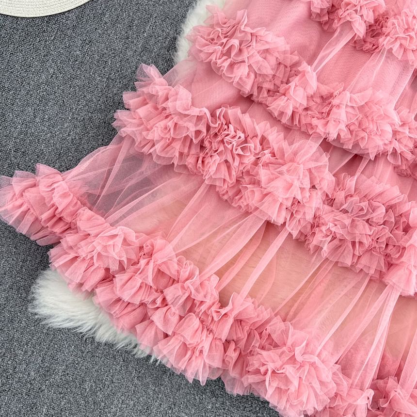 Elastic Waist Smooth Layered Mesh Midi Flared Skirt