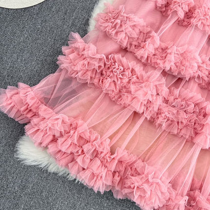 Elastic Waist Smooth Layered Mesh Midi Flared Skirt