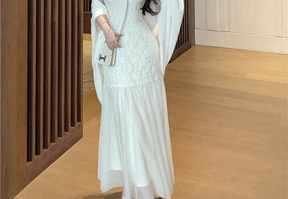 Sleeveless Halter Jacquard Midi Qipao / Light Jacket